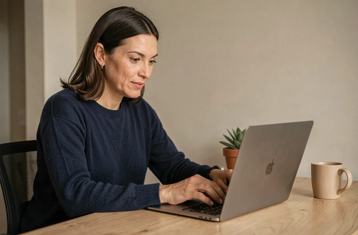 Femme consultant les dernières tendances informatiques sur un ordinateur portable dans un bureau à domicile moderne