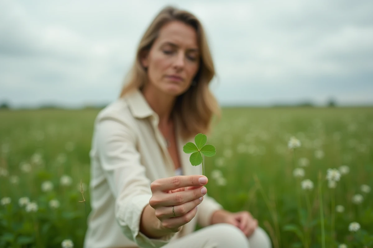 Woman holding a six-leaf clover in a lush meadow, amazed expression