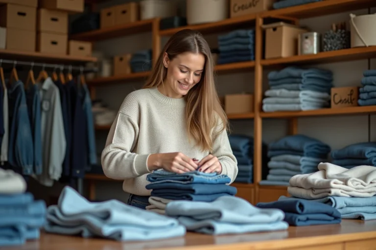 Femme souriante triant des vêtements dans une boutique chaleureuse