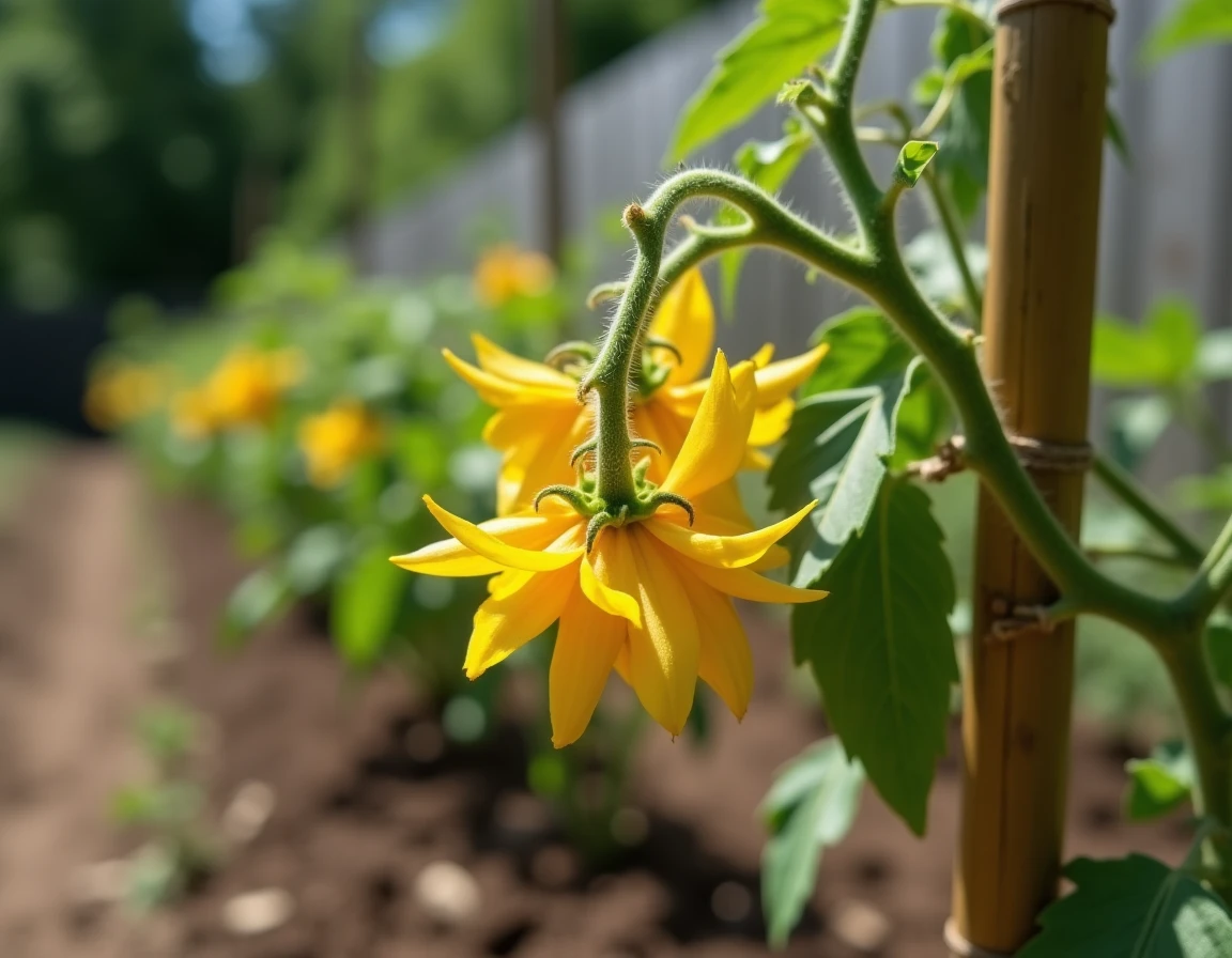 Fleurs jaunes étoilées d'un plant de tomate en pleine floraison attaché à un tuteur en bambou dans un potager ensoleillé