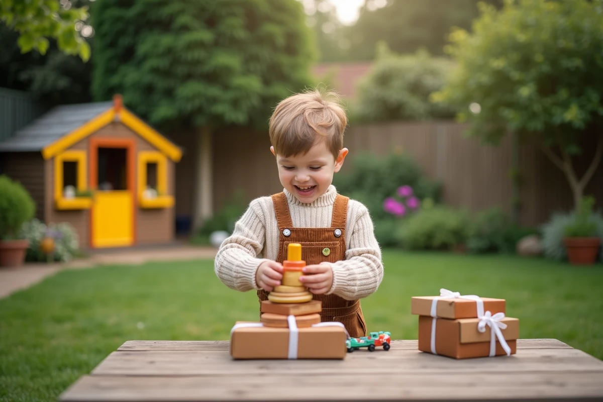Garçon souriant découvrant un jouet dans le jardin