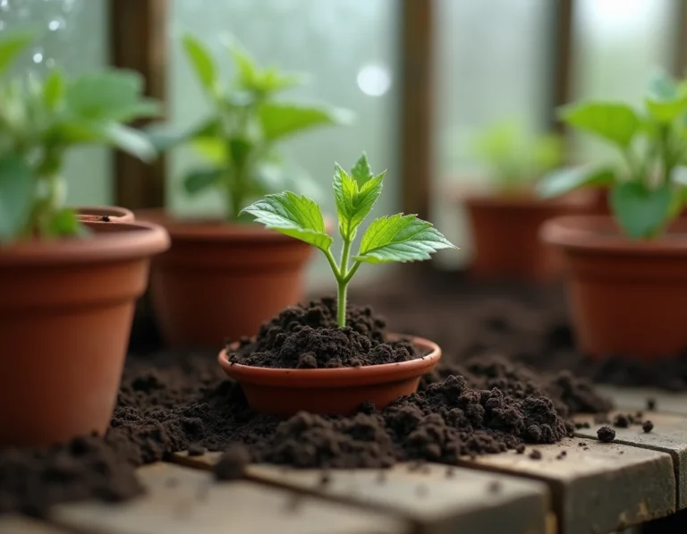 Jeune plant de tomate au stade de la germination dans un pot en terre cuite, avec les feuilles cotylédonaires ouvertes sur une table de serre en bois