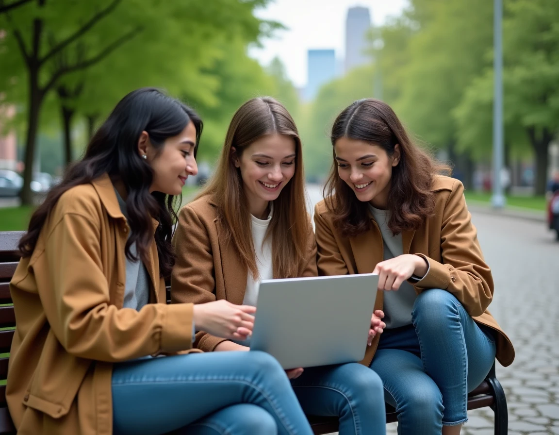 Groupe de jeunes adultes consultant ensemble les informations actuelles sur un ordinateur portable dans un parc