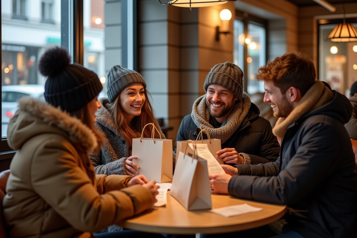 Groupe d amis discutant avec sacs de shopping au café