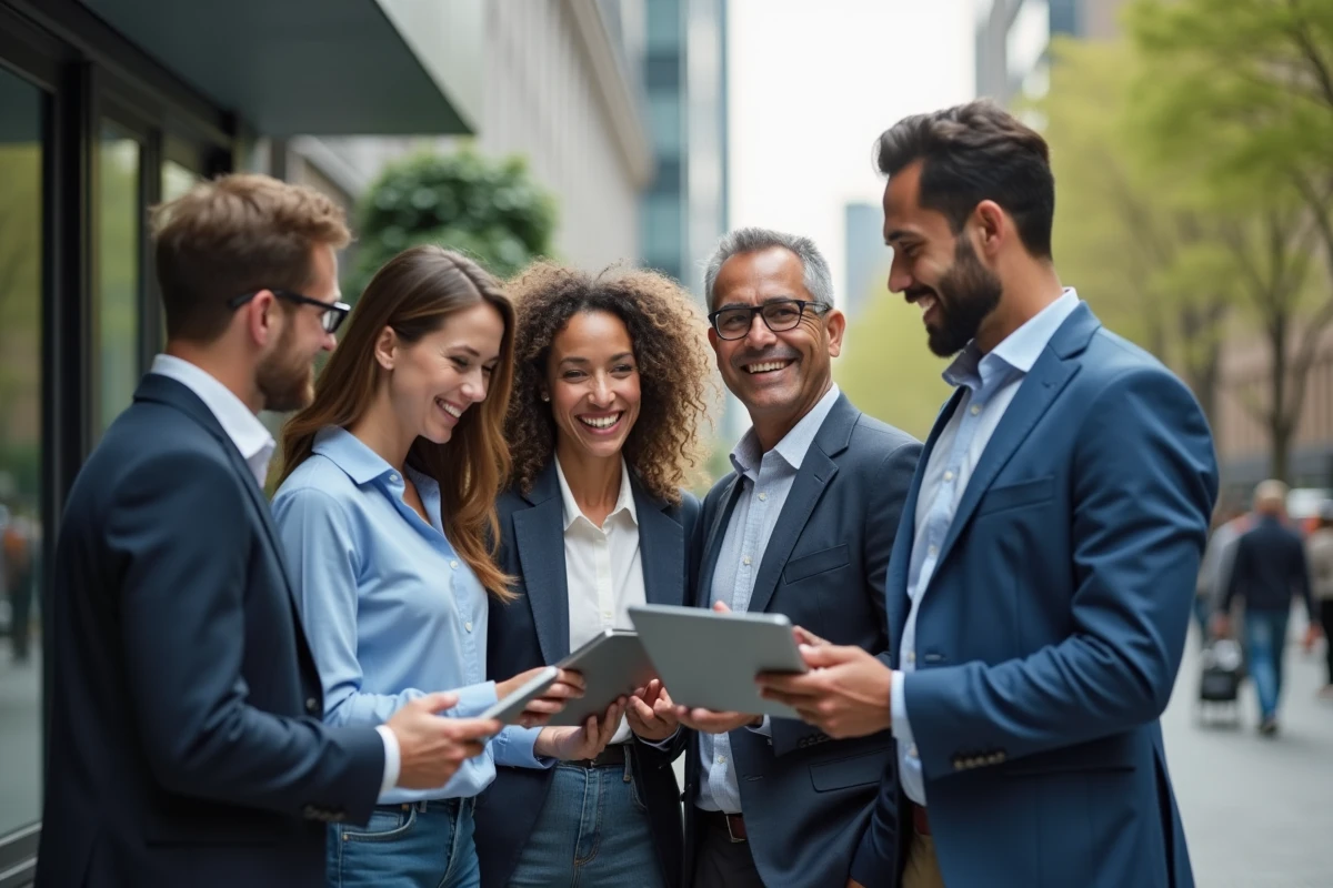 Groupe de professionnels discutant en extérieur