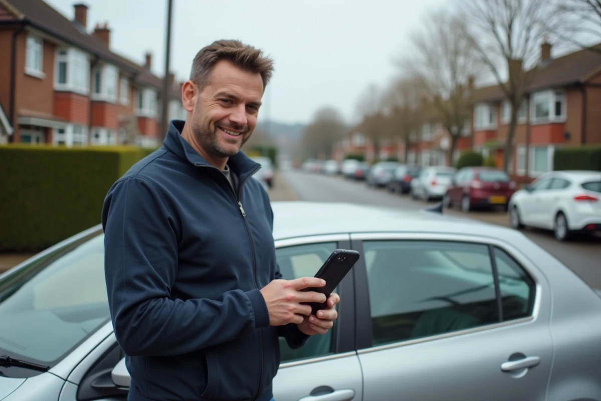 Homme utilisant une application mobile pour comparer les assurances auto près de sa voiture