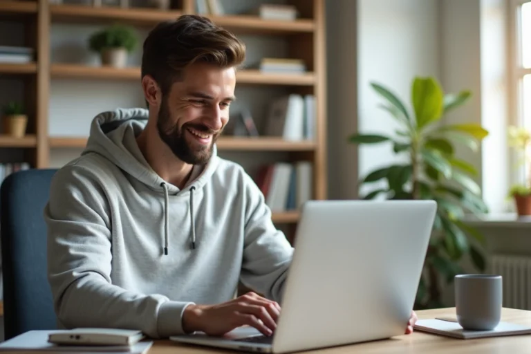 Homme en hoodie travaillant sur un laptop dans un bureau lumineux