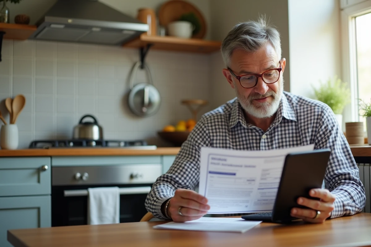 Homme comparant plans internet dans une cuisine lumineuse