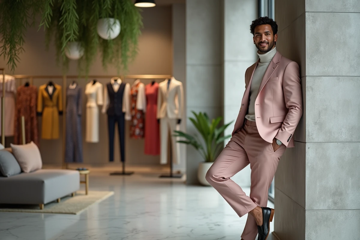 Jeune homme en costume pastel dans une boutique moderne