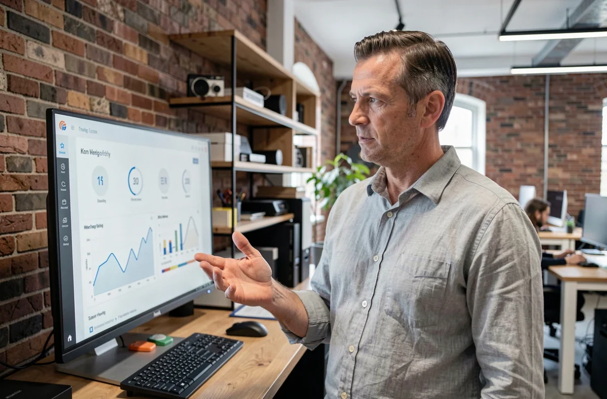 Homme en espace de coworking explorant des tendances et actualités du monde informatique sur grand écran