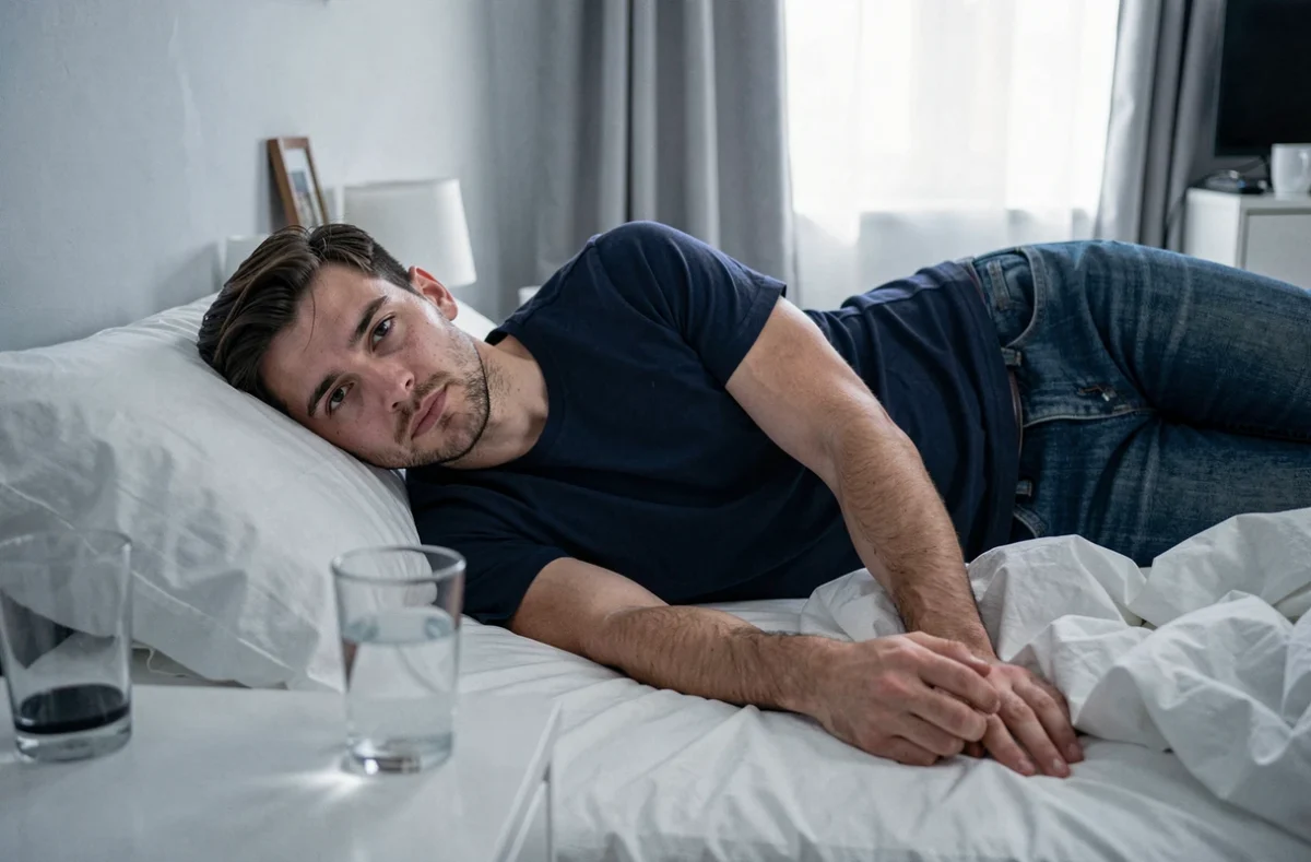 Jeune homme en dépression sévère allongé sur son lit, illustrant les symptômes graves mesurés par l'échelle Hamilton de dépression