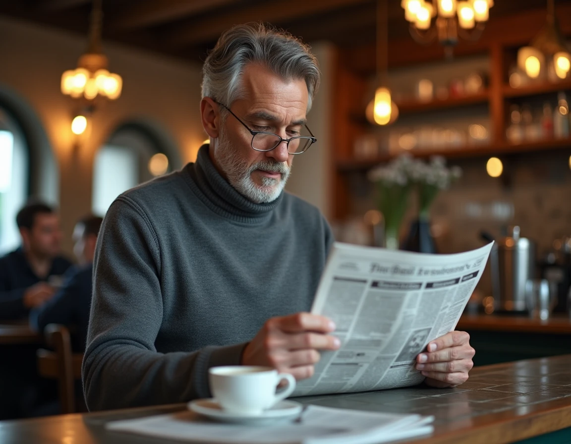 Homme lisant le journal papier au comptoir d'un café français traditionnel