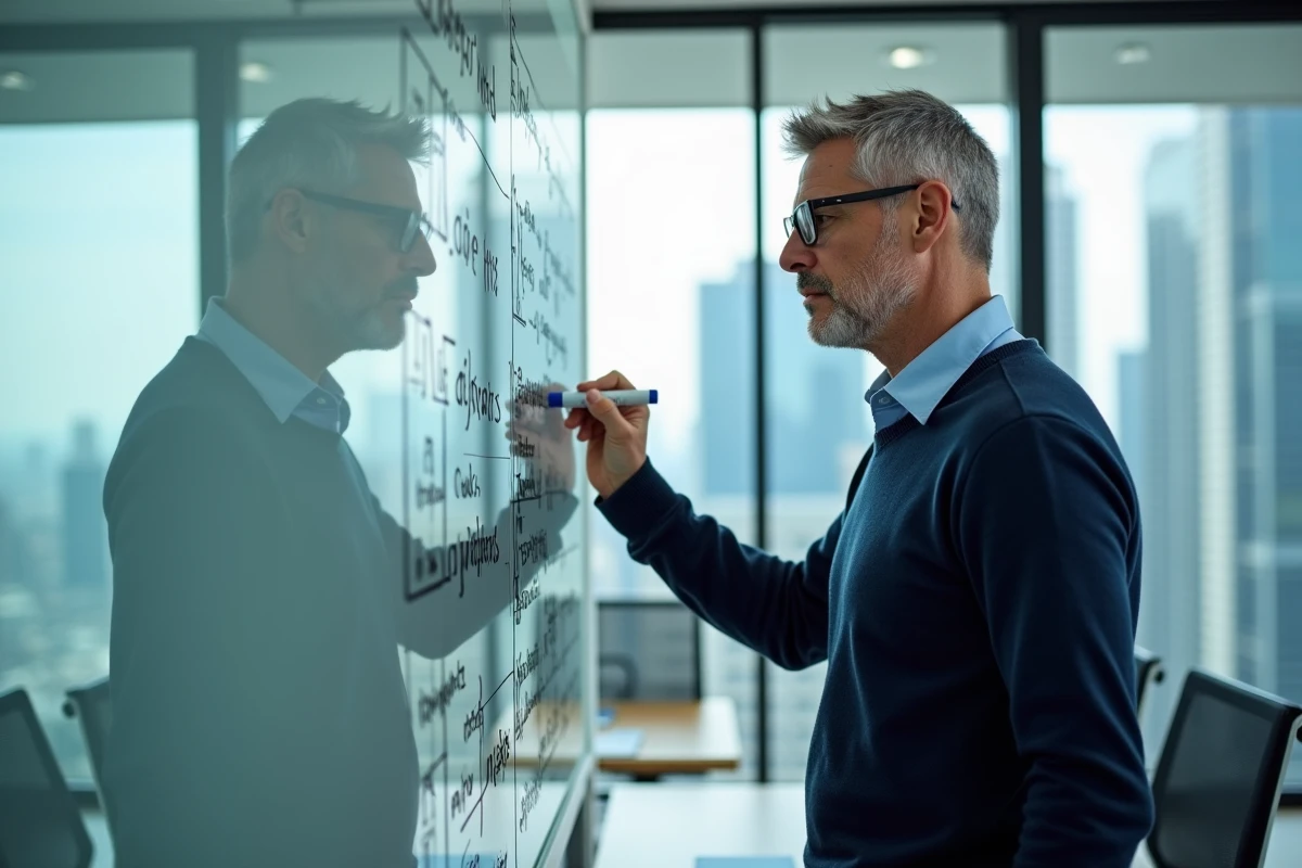 Homme d affaires en réunion devant un tableau blanc avec diagrammes