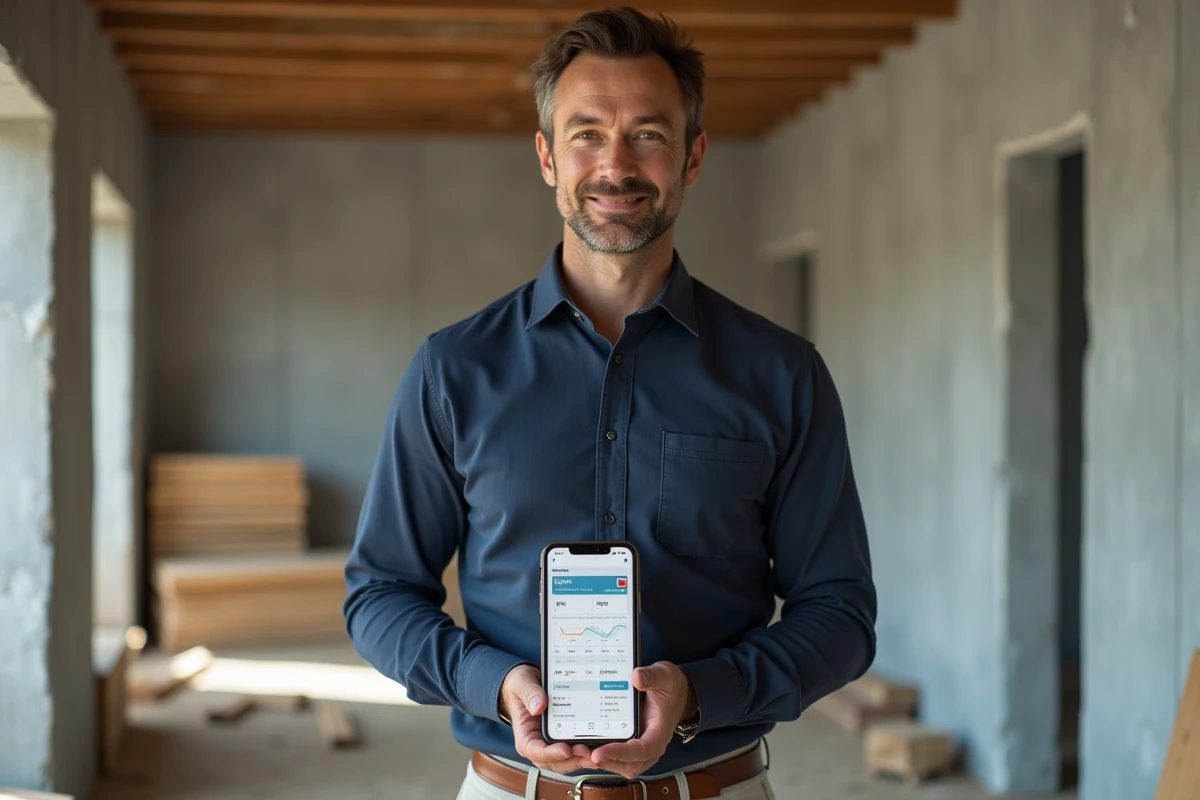 Homme consultant une plateforme immobilière digitale sur smartphone dans un appartement en rénovation