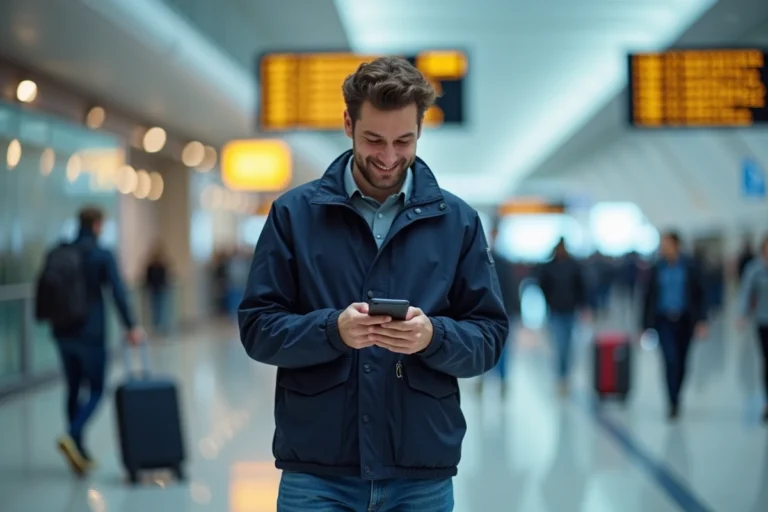 Homme souriant utilisant une application de traduction à l'aéroport