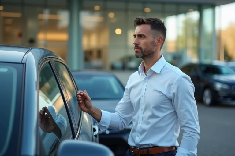 Homme examine une voiture en concession automobile