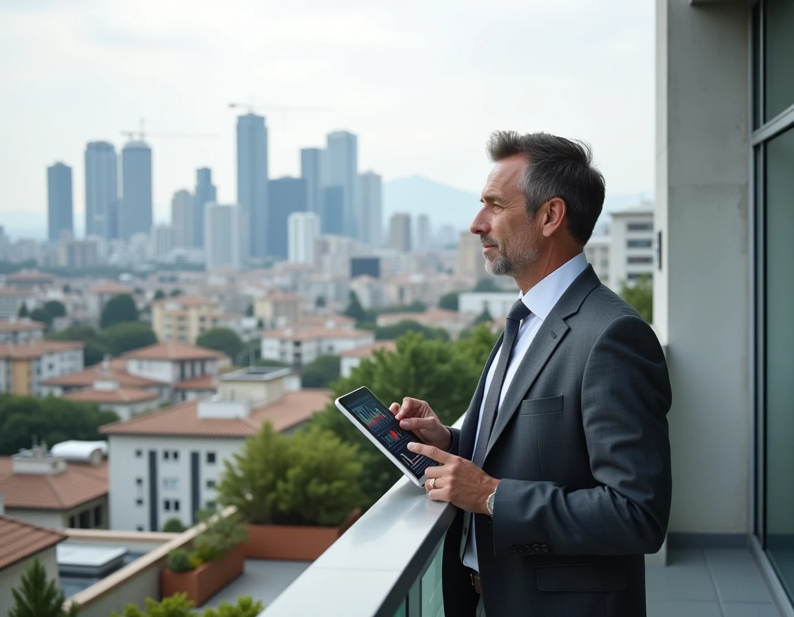 Investisseur immobilier masculin consultant des données de marché sur tablette depuis un toit-terrasse avec panorama urbain