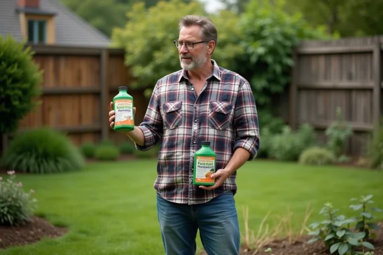 Homme jardinier examinant deux bouteilles d'herbicides dans le jardin