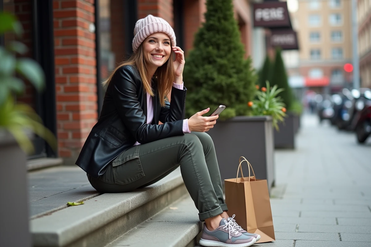 Jeune femme assise devant un café tendance