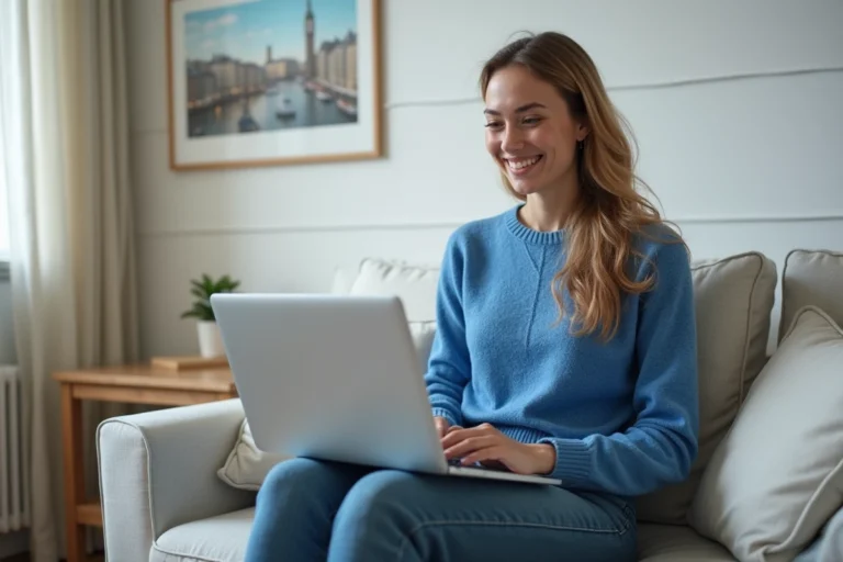 Jeune femme souriante avec ordinateur dans un appartement moderne