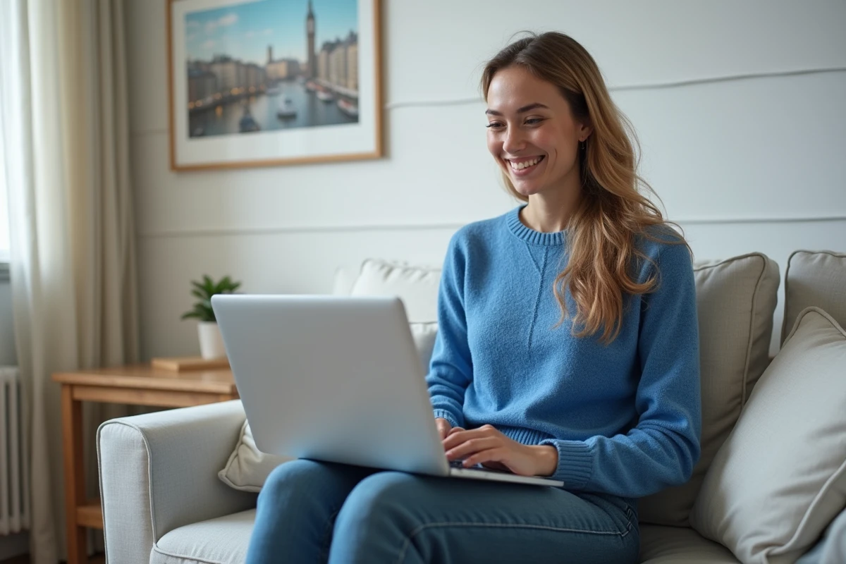 Jeune femme souriante avec ordinateur dans un appartement moderne