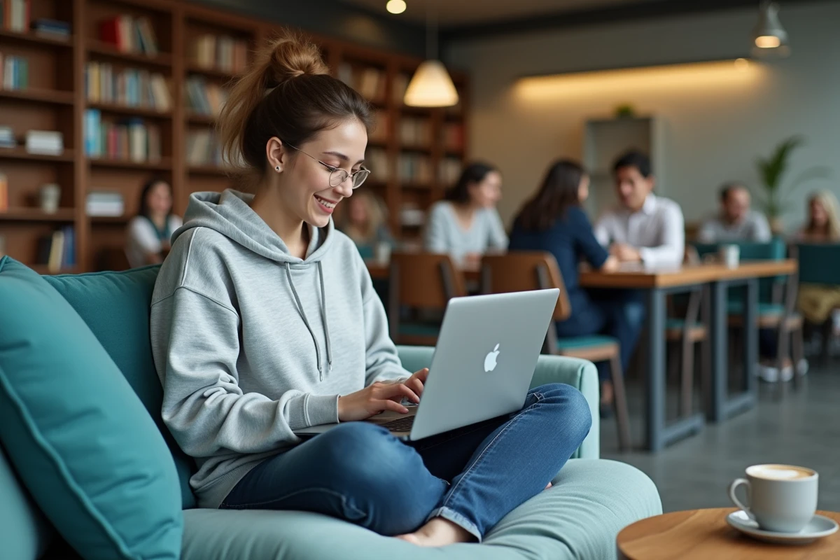 Jeune femme travaillant sur des maquettes de site web sur un ordinateur portable dans un espace de coworking décontracté