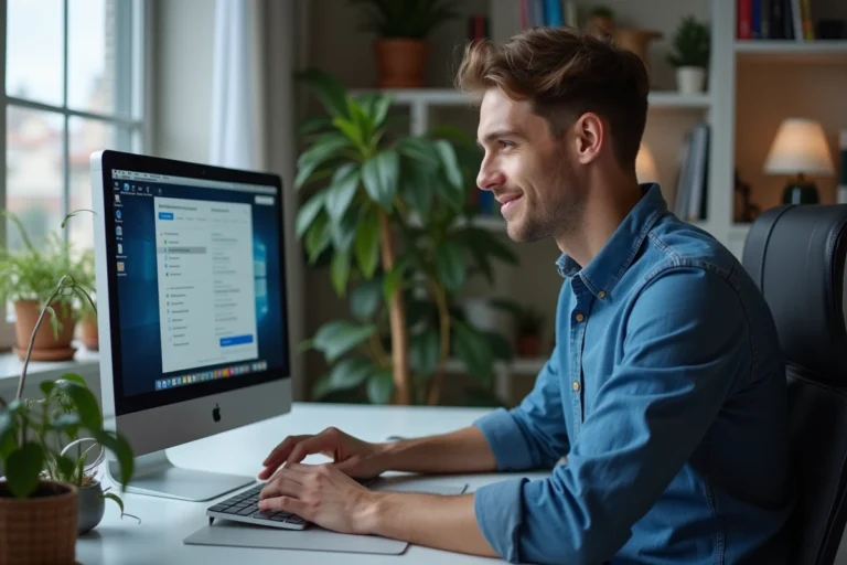Jeune homme concentré devant son ordinateur avec interface eMule