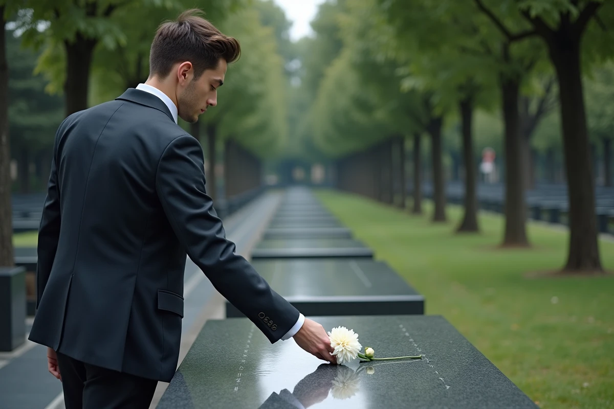 Jeune homme déposé une fleur sur une tombe dans un cimetière