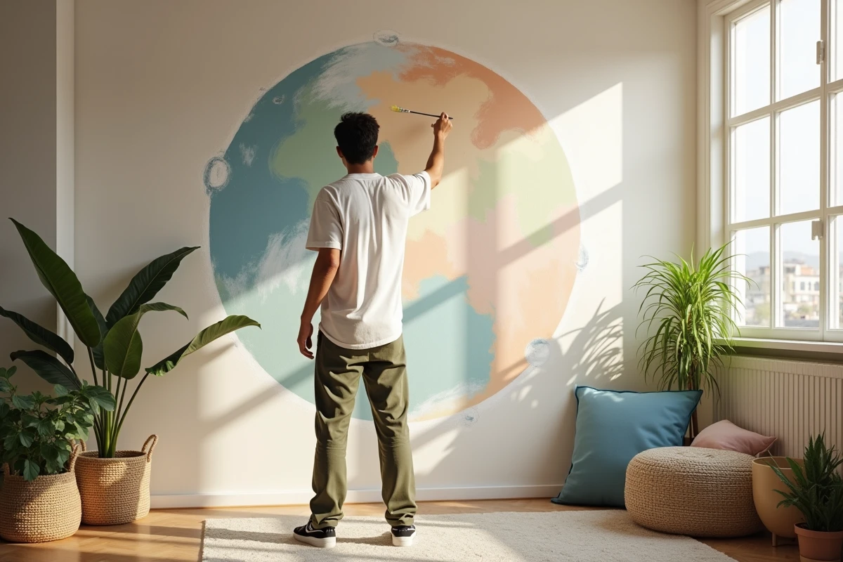 Jeune homme peignant une fresque abstraite dans un appartement lumineux