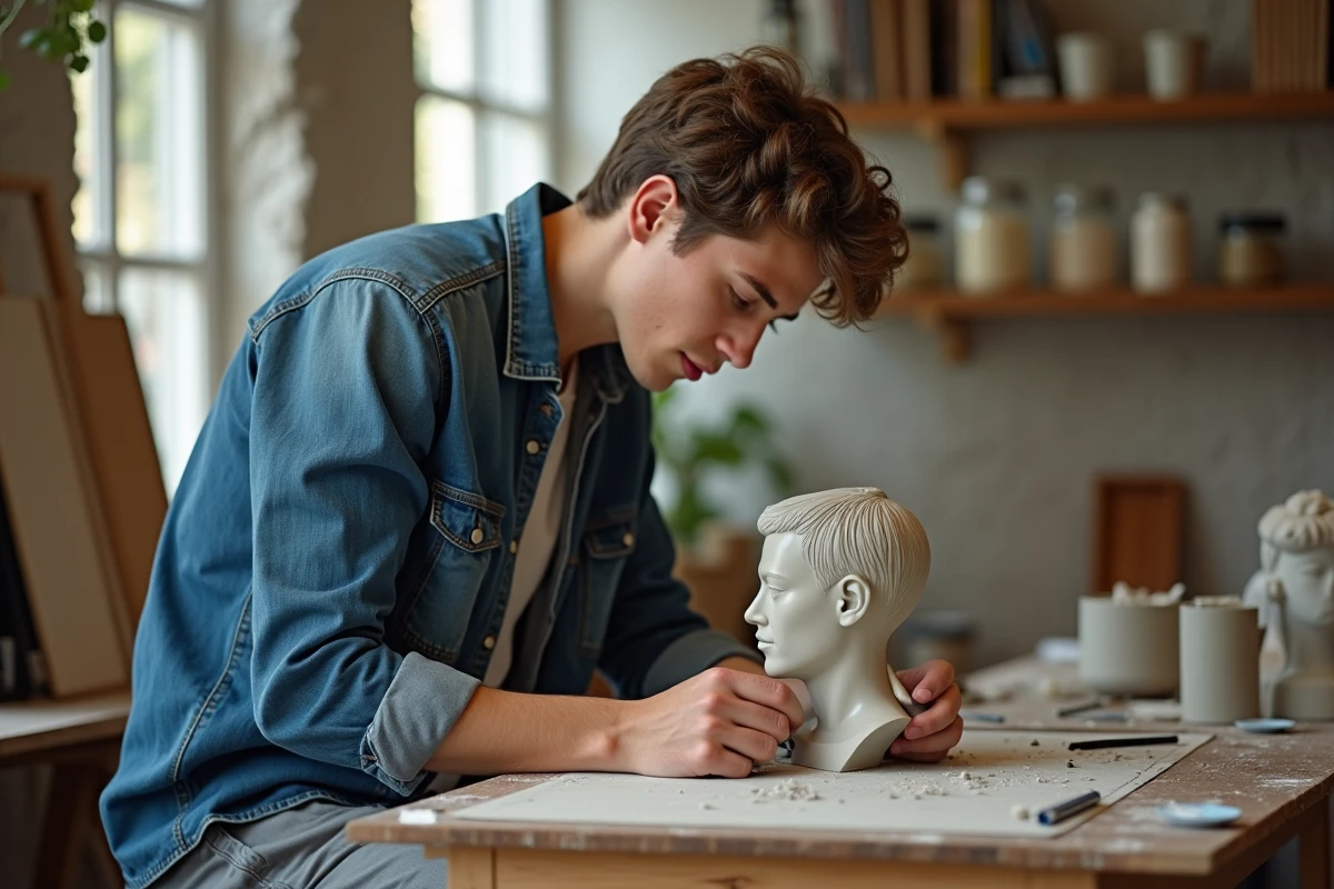 Jeune homme sculptant une tete en argile dans un atelier lumineux