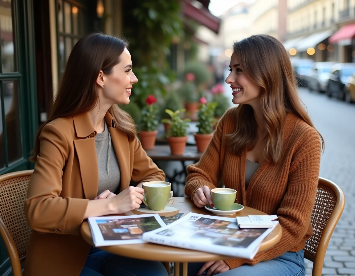 Deux femmes partageant des magazines lifestyle et un café en terrasse dans un cadre parisien chic