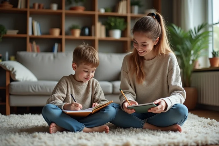 Maman et enfant écrivant ensemble dans un salon chaleureux