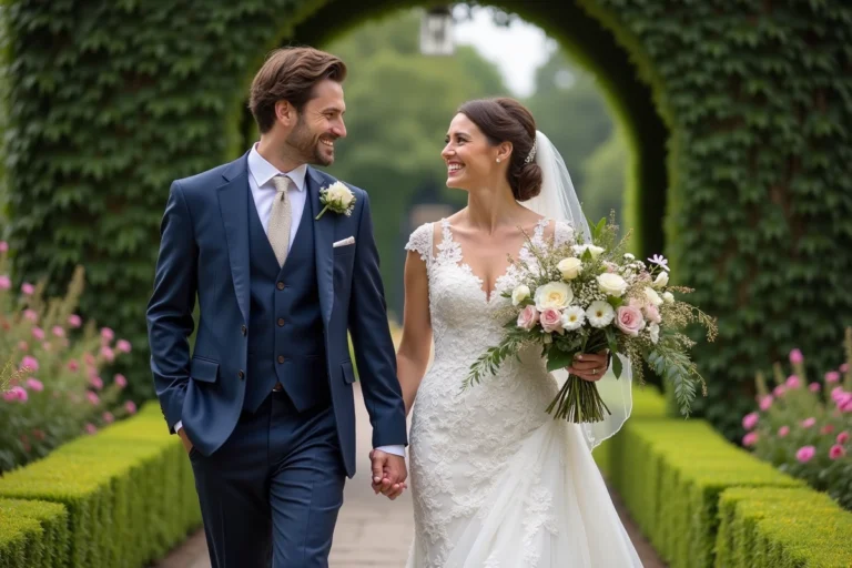Jeune couple de mariés dans un jardin lors de leur mariage