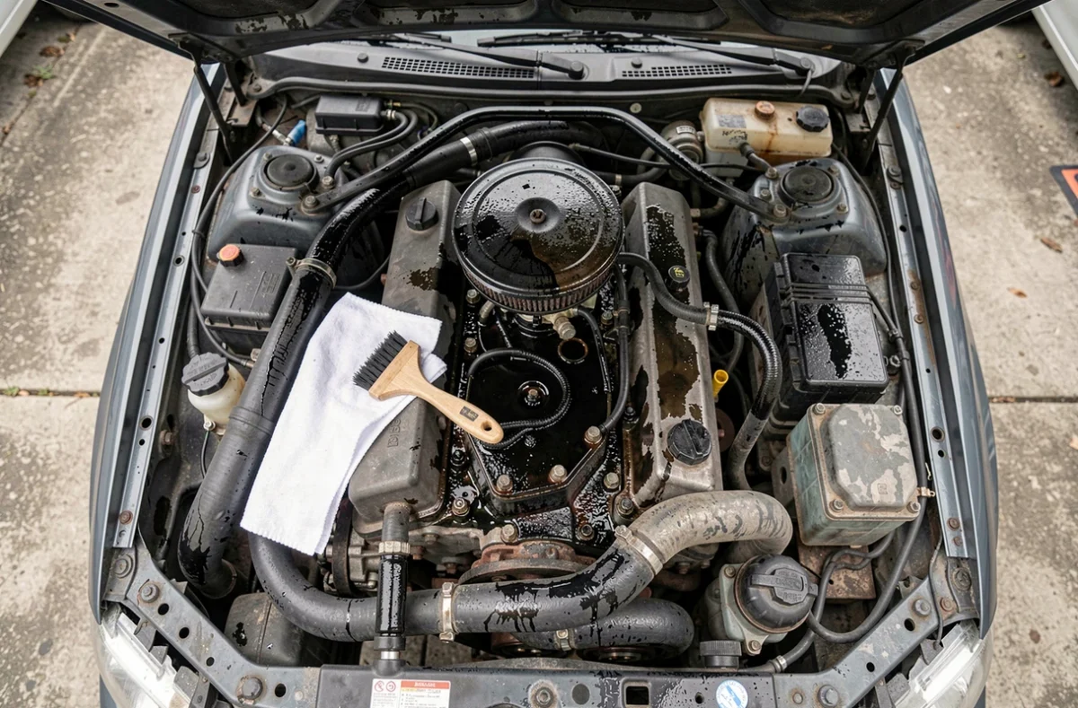 Vue du dessus d'un moteur de voiture encrassé par l'huile avec des outils de nettoyage posés dessus