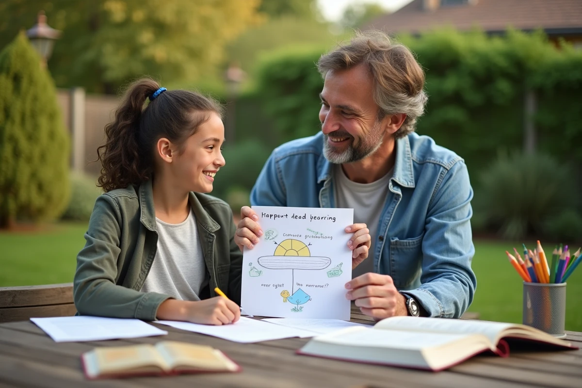 Père et fille dessinant dans le jardin en plein air
