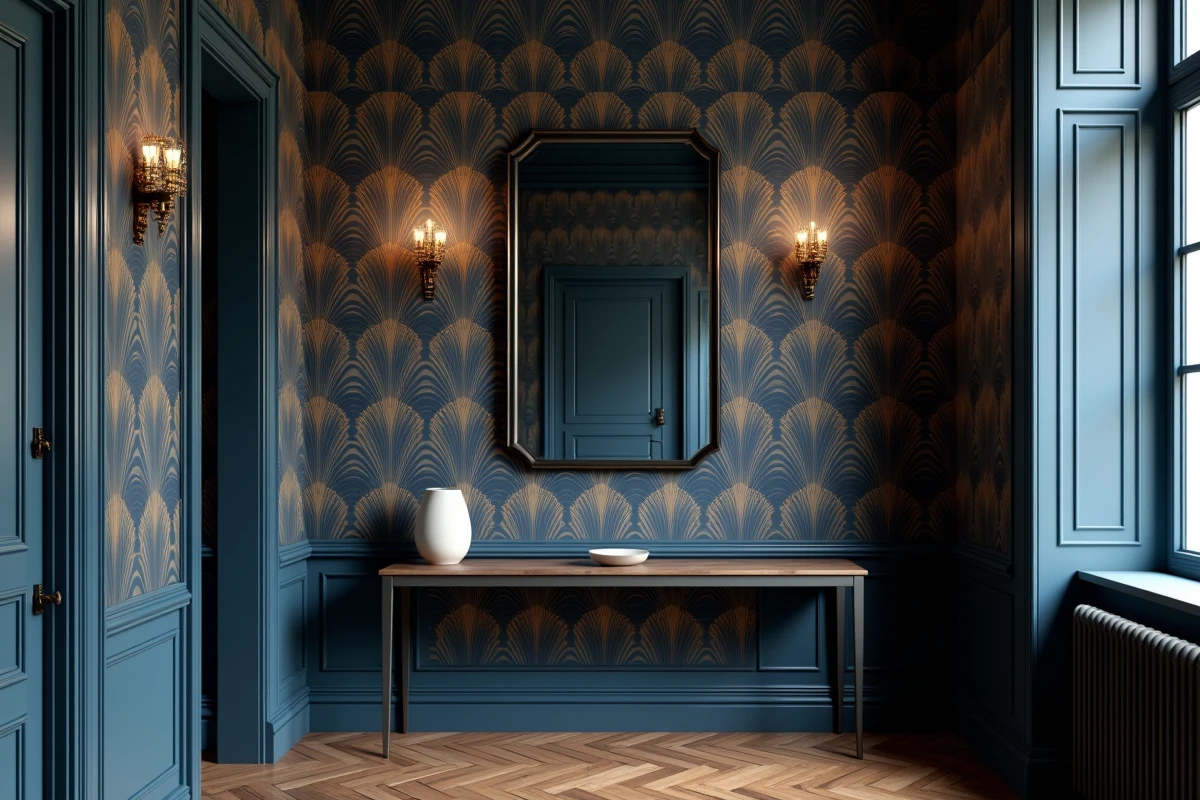 Couloir élégant avec papier peint Art Déco bleu marine et motifs dorés, miroir encadré noir et console en chêne fumé dans un intérieur raffiné