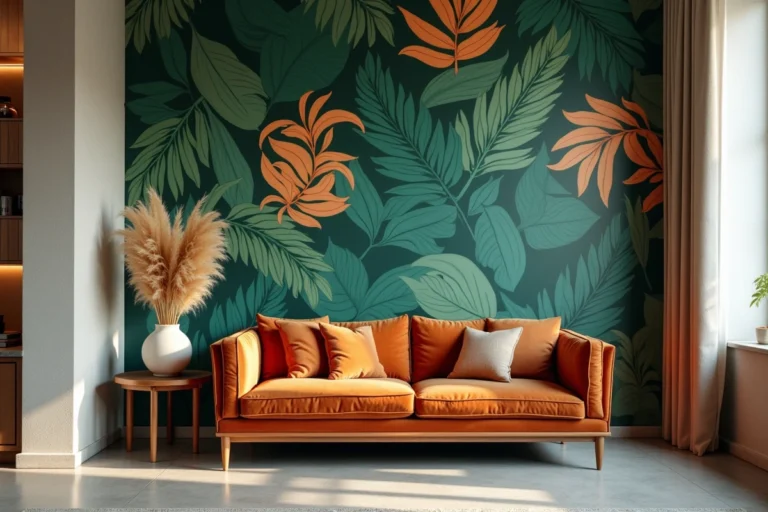 Salon moderne décoré avec un papier peint botanique à grandes feuilles tropicales vertes et ocre, canapé en velours terracotta et accessoires en bois naturel