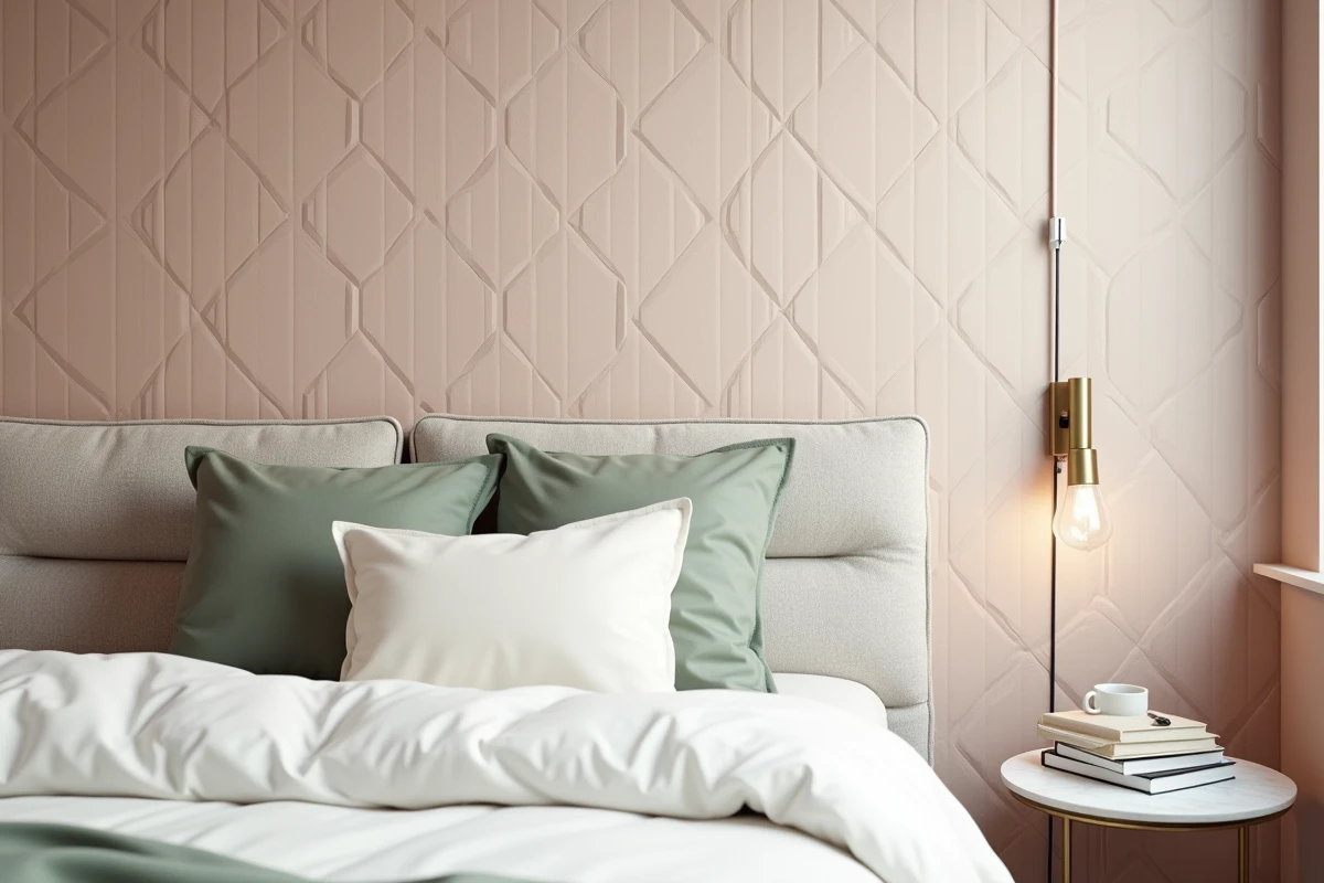 Chambre cosy avec papier peint géométrique rose poudré en tête de lit, tête de lit en lin blanc et applique murale en laiton dans un style minimaliste épuré