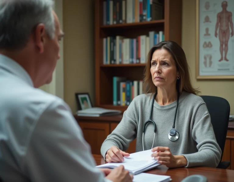 Patiente en discussion avec son médecin généraliste après un refus de prolongation d'arrêt de travail