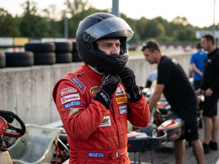 Pilote de karting ajustant le jugulaire de son casque intégral dans le paddock, détails du casque et de la combinaison racing visibles