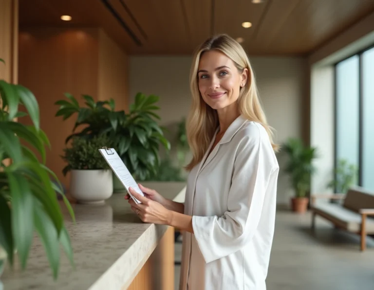 Professionnelle du bien-être consultant un dossier client à l'accueil d'un centre holistique moderne