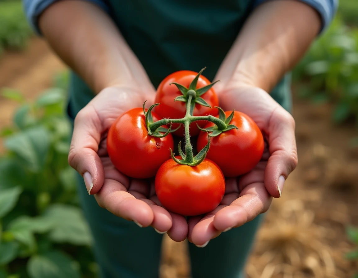 Mains d'un jardinier tenant une grappe de tomates rouges mûres fraîchement récoltées avec des gouttes d'eau sur la peau dans un potager