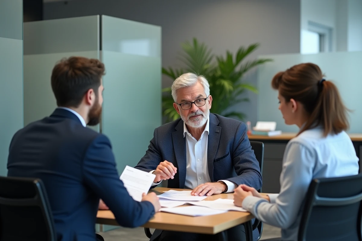 Couple en rendez-vous avec un conseiller en assurance auto dans une agence professionnelle