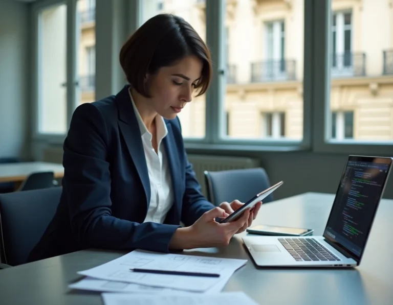 Cheffe de projet présentant une maquette d'application mobile sur tablette lors d'une réunion dans une agence de développement mobile à Paris