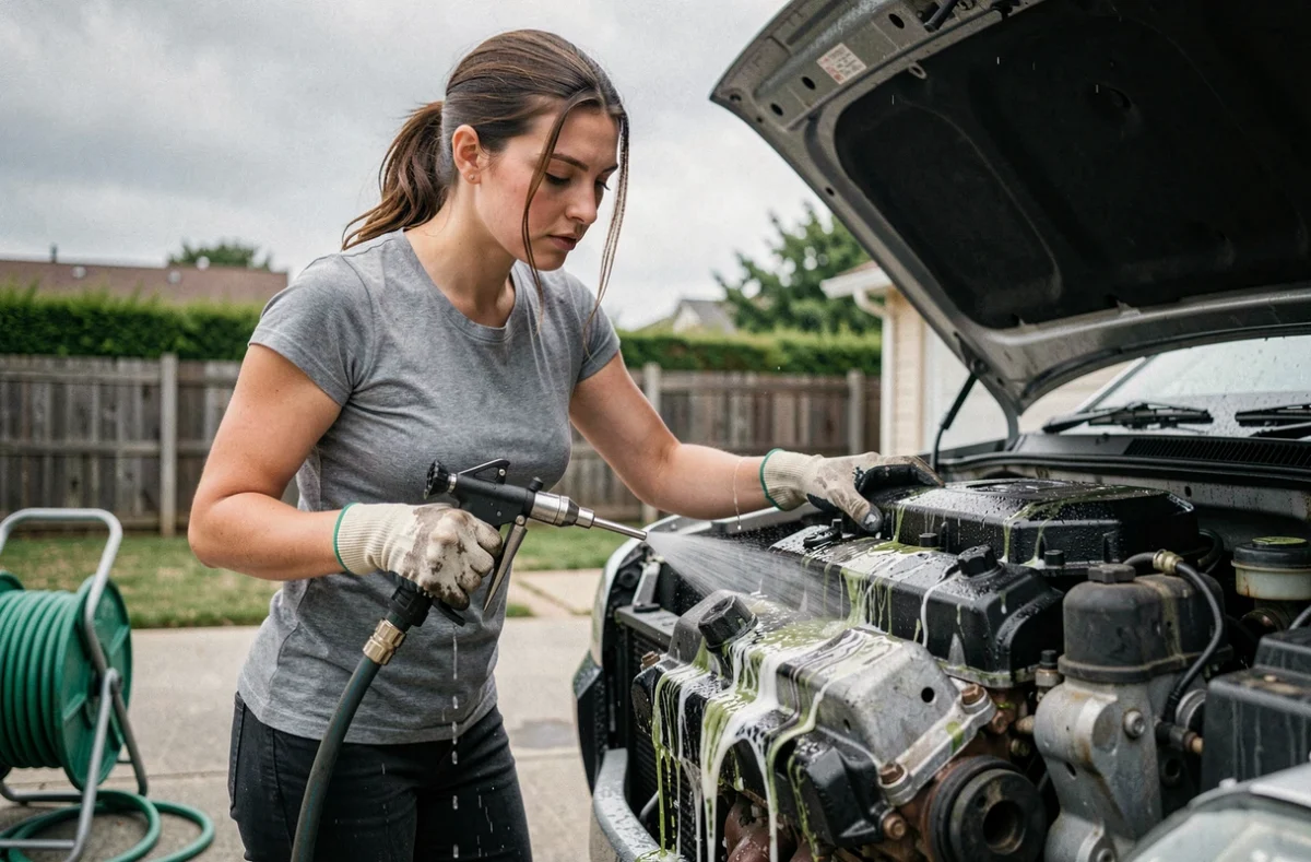 Jeune femme rinçant un moteur de voiture dégraissé avec un tuyau d'arrosage dans une allée résidentielle