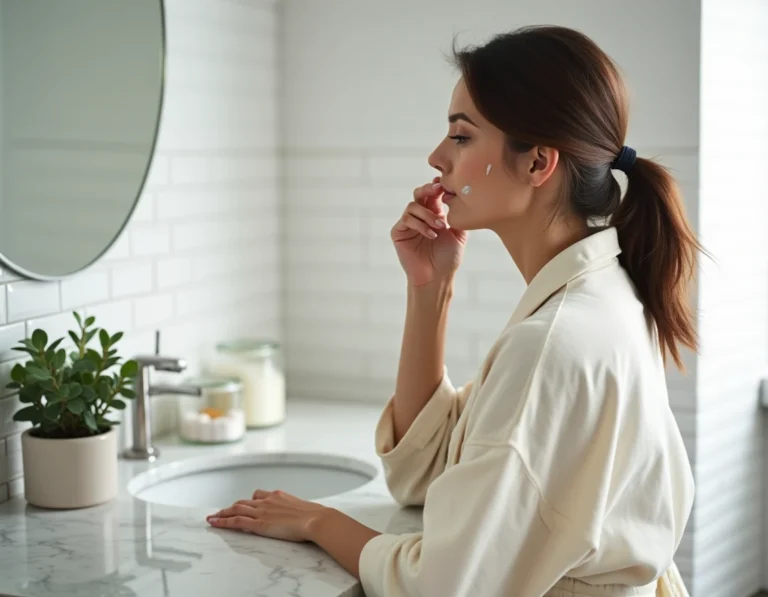 Femme appliquant sa routine beauté matinale devant un vanity en marbre dans une salle de bain scandinave