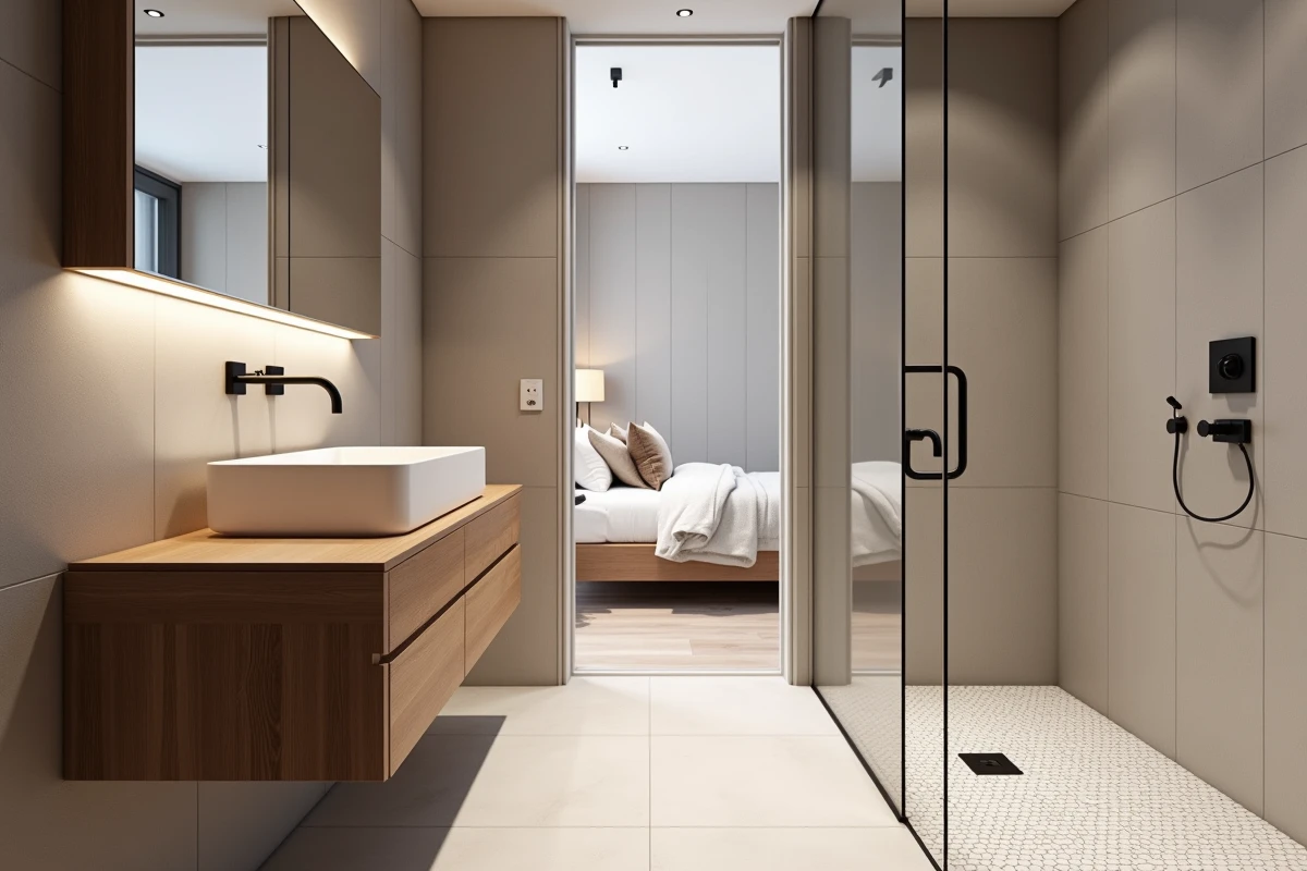 Salle de bain attenante d'une suite parentale avec douche à l'italienne, meuble vasque en noyer et carrelage effet pierre