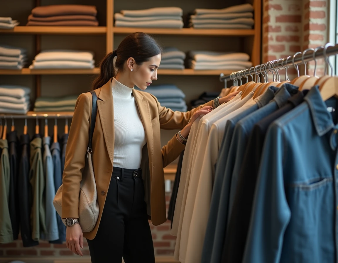 Femme explorant une boutique de mode tendance avec des vêtements contemporains et vintage soigneusement organisés