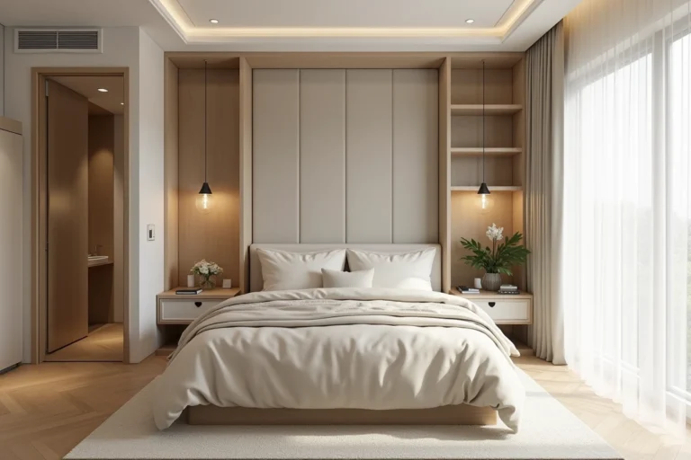 Plan de suite parentale de 15m2 avec lit queen size, rangements intégrés et salle de bain en enfilade