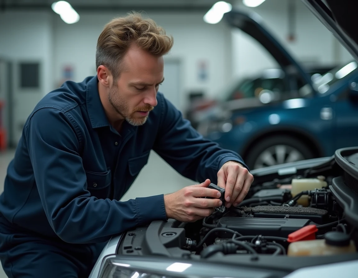 Technicien automobile inspectant un boîtier de fusibles BPGA dans un atelier de réparation professionnel